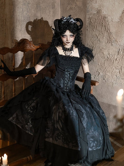 / Print Gothic with Lolita Trims Winged White Black Skirt Goat Cascading Ruffle