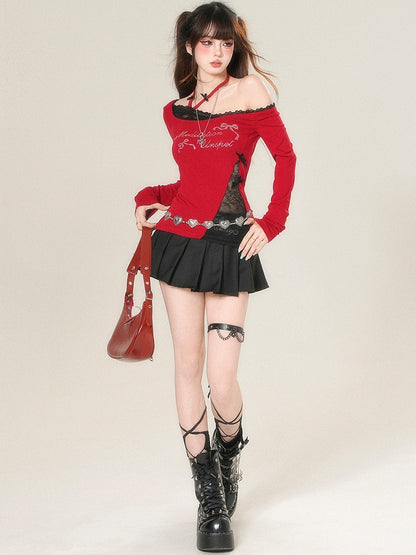 And Sleeves Letter Top Long Rhinestone Decorated Bowknot Glamorous Red/Black