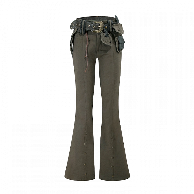 with Waist Studded Cuffs Flared Pants Buckle Belt Brown Low