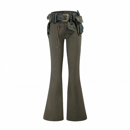 with Waist Studded Cuffs Flared Pants Buckle Belt Brown Low