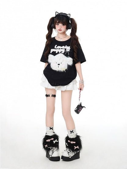 Loose Adorable Plush Puppy Black/Light Blue T-Shirt Round Neck