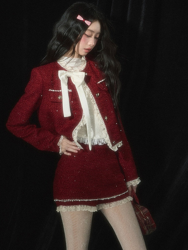 Weihnachtsroter Tweed-Skort, Spitzenbesatz an den Bündchen, Perlendetails