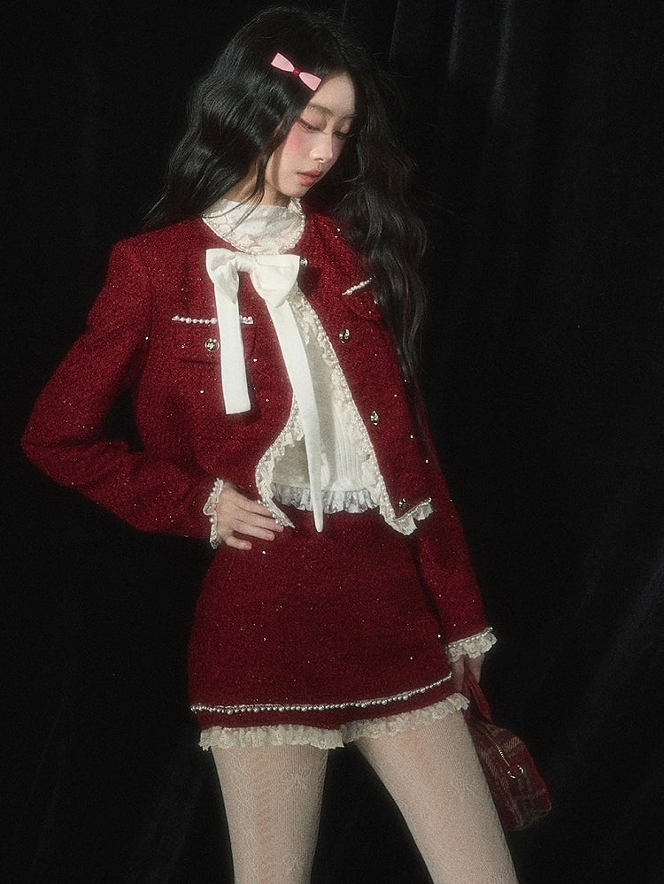 Weihnachtsrote Tweed-Kurzjacke mit Spitzenbesatz, Schleife und Perlendetails