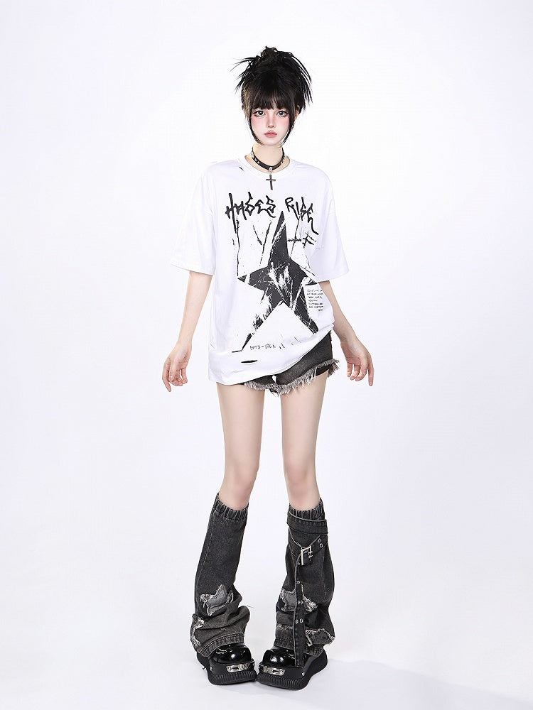 Black/White Vintage Washed Oversized Star Print T-Shirt