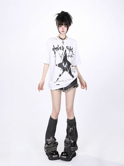 Black/White Vintage Washed Oversized Star Print T-Shirt