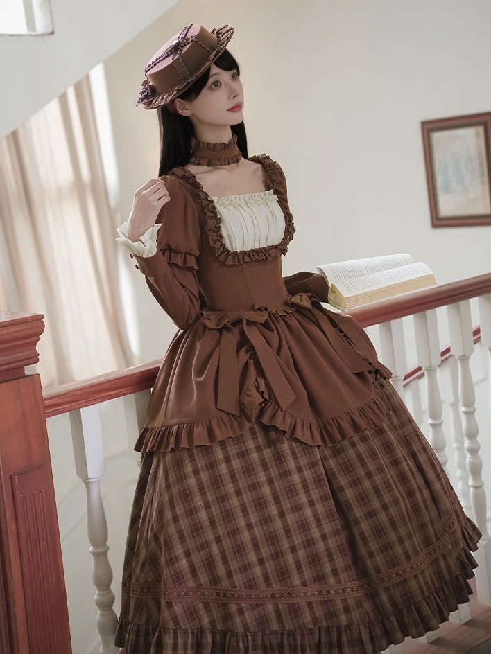 Neckline Lollita Plaid Square Long Dress Elegant Coffee Version Classic