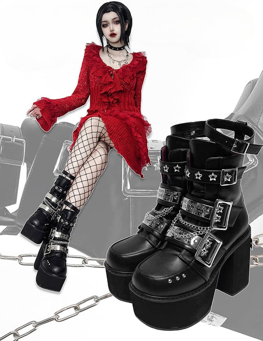 Black Punk Rectangle Metal Plates Buckle Straps Platform High Block Heels with Studs and Chain