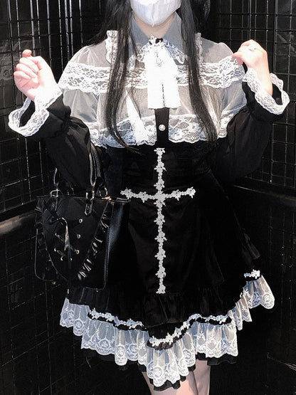 Jirai Kei Bluse im Landminenstil, weiß und schwarz/ganz schwarz, mit Cape-Design aus Spitze