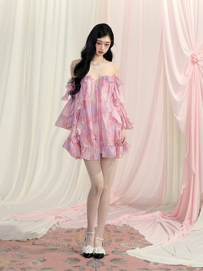 Pink Off-the-Shoulder Bell Sleeves Cascading Ruffle Dress Accents Floral Mini