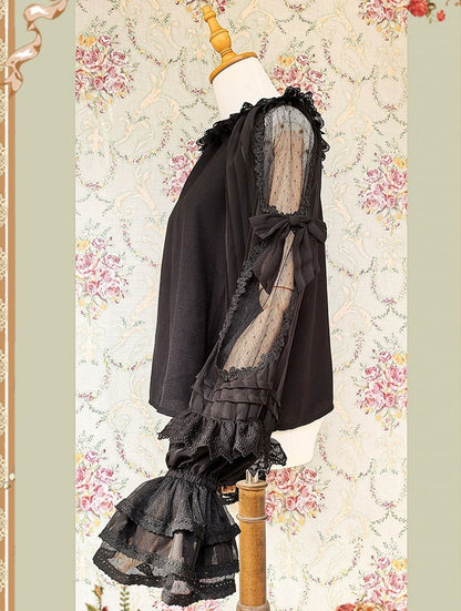 Lolita Semi-sheer Neck Trim Black Sleeves with Lace and Blouse Round Ruffled