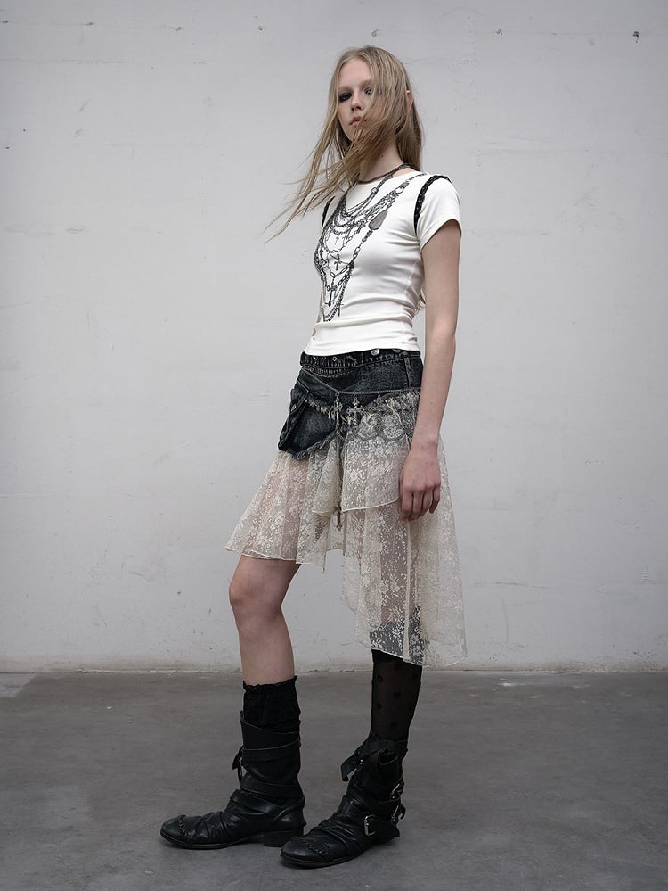 Punk Belt Distressed Adjustable with Hem Blue Denim Lace Asymmetric Skirt