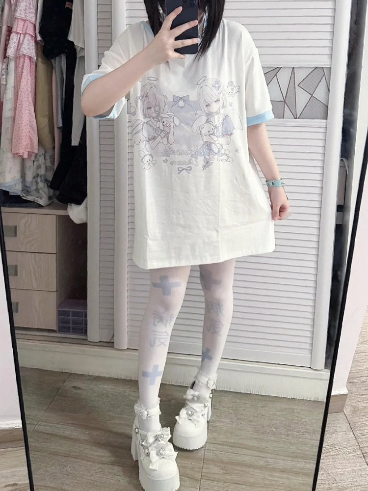 Neck Kawaii T-Shirt Yandere Angel Kei Top Light Blue Print Halter Style Jirai - Yami