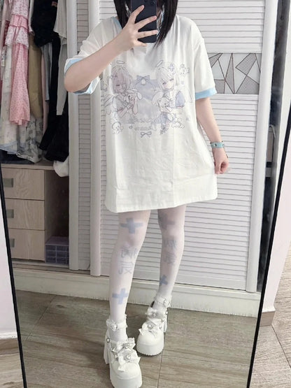 Neck Kawaii T-Shirt Yandere Angel Kei Top Light Blue Print Halter Style Jirai - Yami