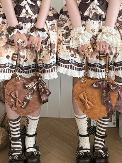 Design Texture Brown Chocolate Light Bow Decorative PU Bag Lolita Sweet Heart Hand/Shoulder/Crossbody with