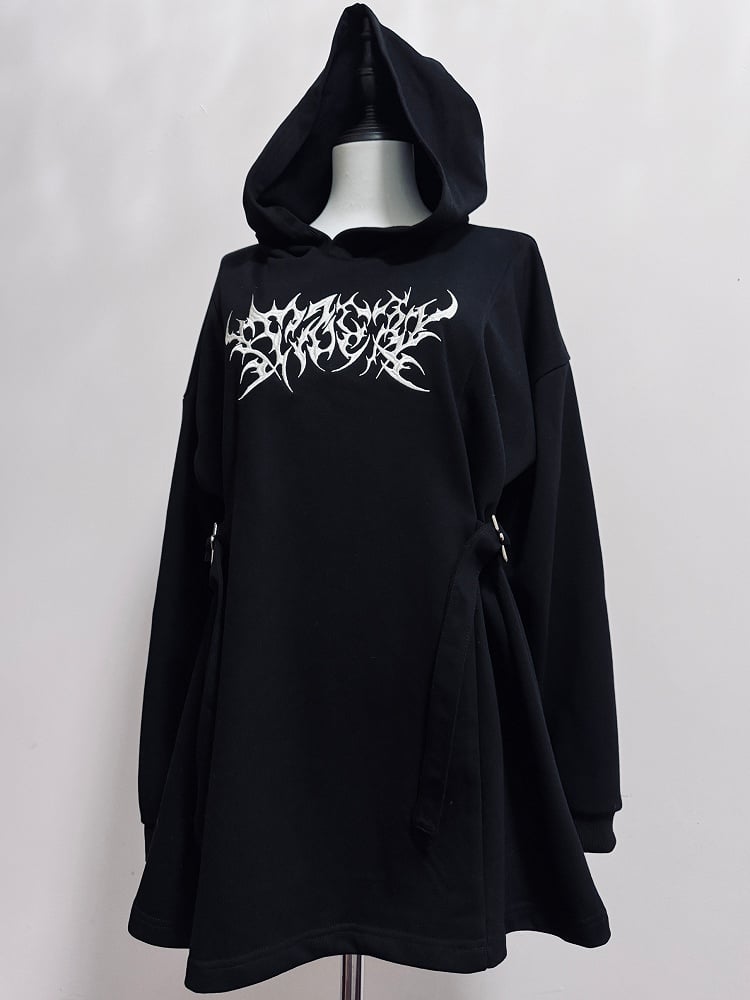 Schnalle Jirai verziert schwarz Hoodie Stickerei Details Kei