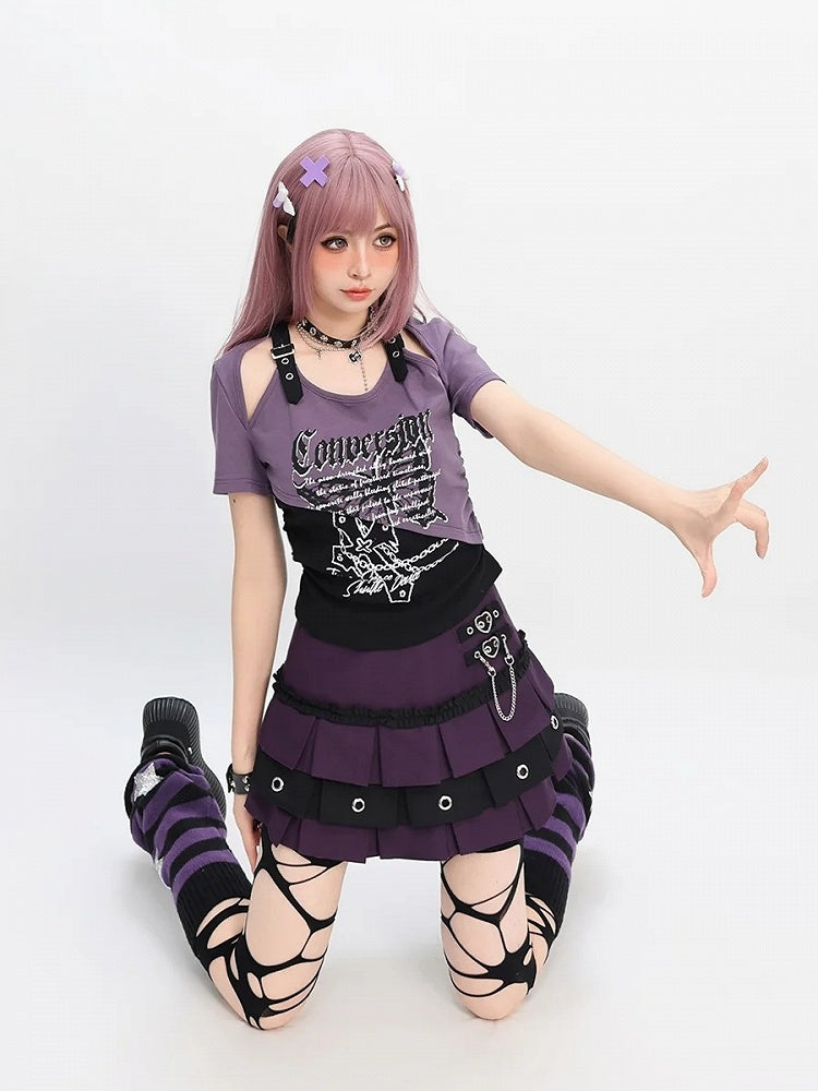 バタフライプリントTシャツ ショートカラーブロック カットアウトショルダーバージョン レッド/ピンク/パープル Y2K