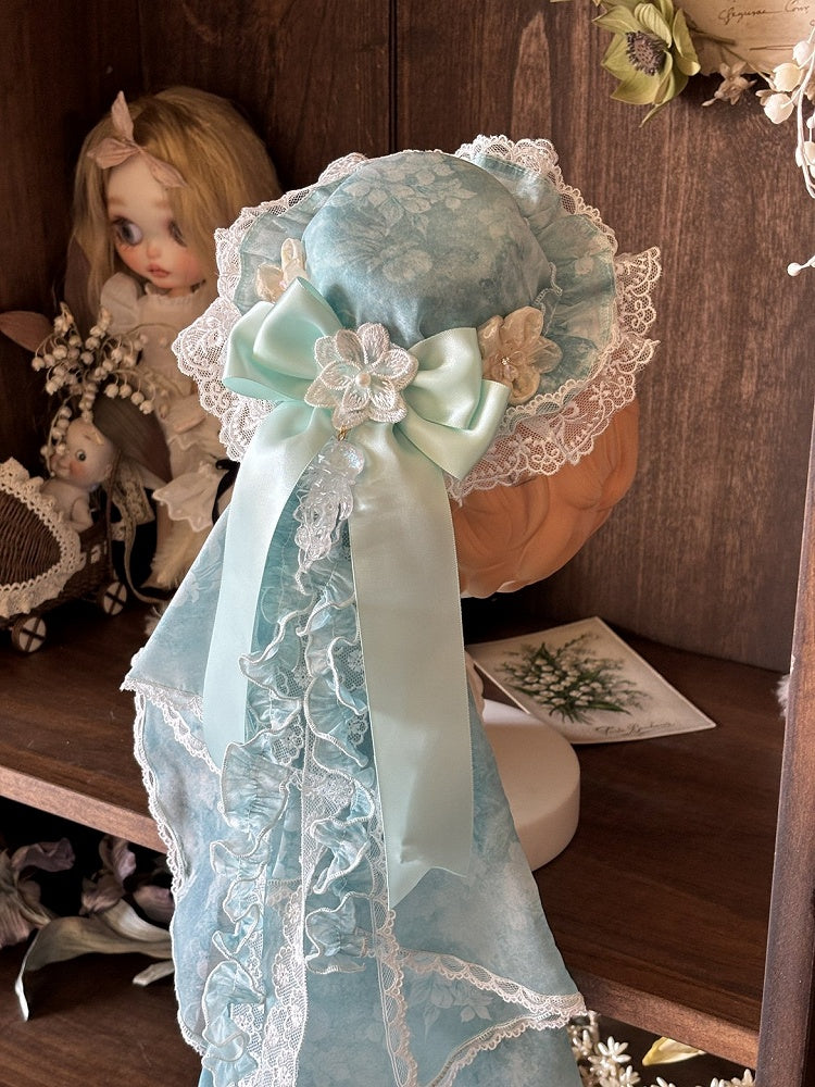 / Green Veil Hat Print Mini Floral with Lolita Pink