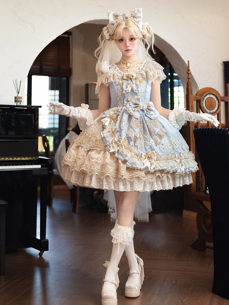 Princess Accents Bow Lolita Bead Blue Rhinestone Dress and