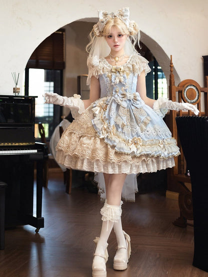 Princess Accents Bow Lolita Bead Blue Rhinestone Dress and