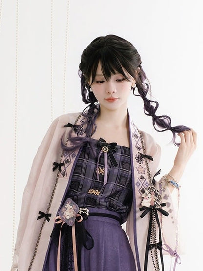 Purple Plaid Moon Rabbit Top with Bowknot & Button Decor - Luo Xiu Dong Xiang