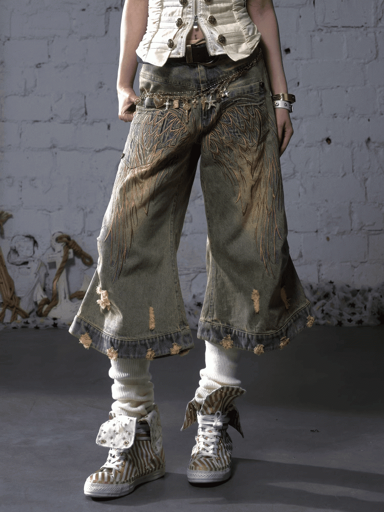 Angel Blau/Gelb Faded Wash Distressed Holes