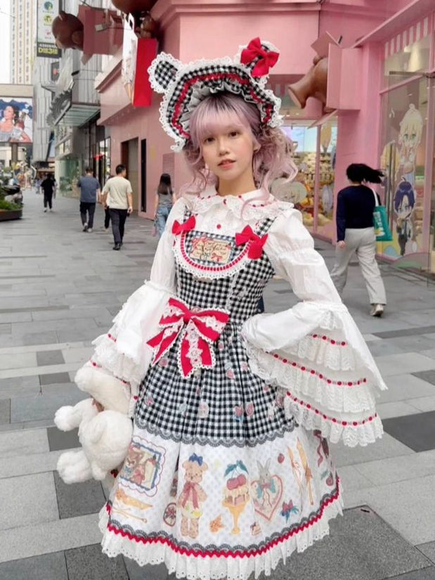 Pattern Gingham Print Skirt Animals Dessert and Black Lolita Jumper Sweet