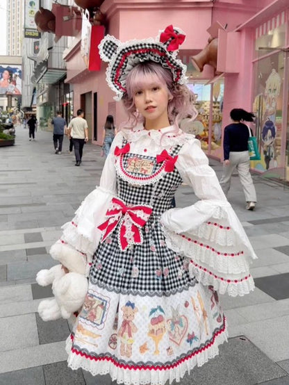 Pattern Gingham Print Skirt Animals Dessert and Black Lolita Jumper Sweet