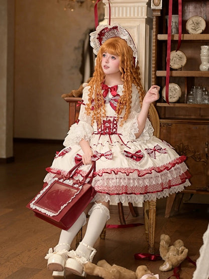 Heart Dress Red JSK Wine Bow with Sweet Appliques Accents Lolita