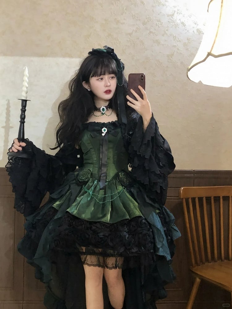 Black Lolita Bouquet Boned with Rose Dress Strapless Hem Green Gothic