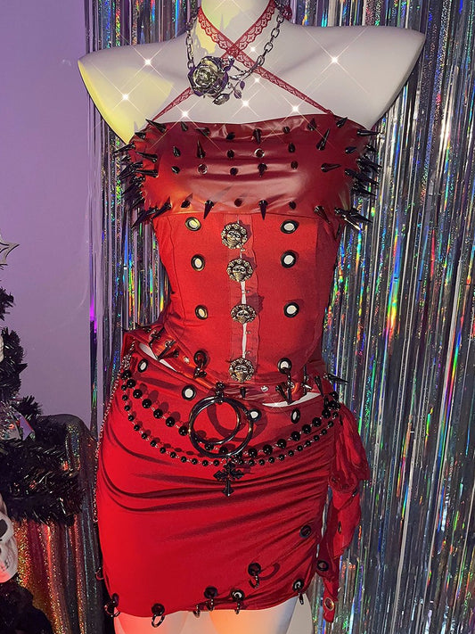 Top + Punk-Nieten-Mini-Set-Rock Rot