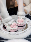 Polka Dot Plush Heart Pink Winter Lolita Round-Toe Shoes - Cute Bunny
