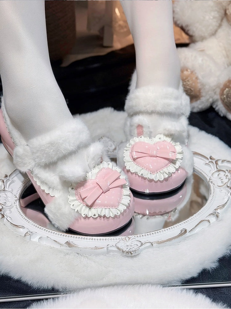Polka Dot Plush Heart Pink Winter Lolita Round-Toe Shoes - Cute Bunny