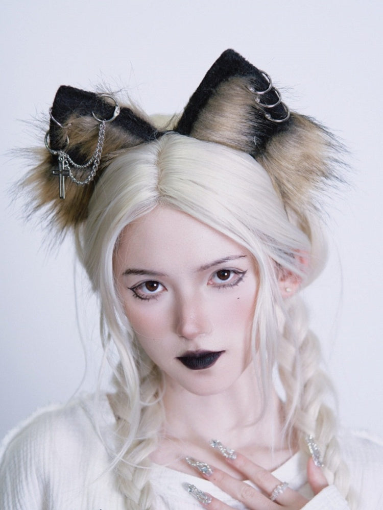 Yellow & Black Gothic Cross Wolf Ear KC with Chain - Strange Sugar
