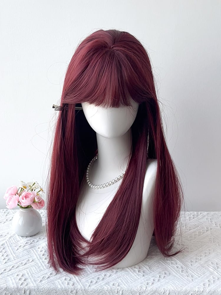 Full Long 65CM Straight with Bangs Burgundy Wig
