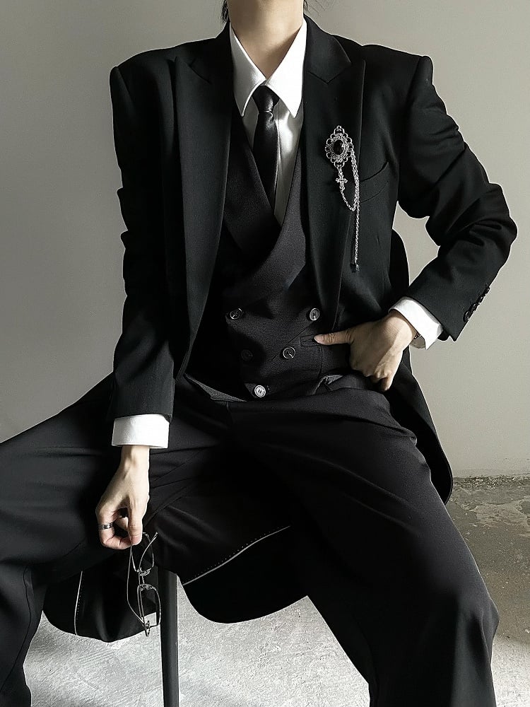Black Structured Long Trench Coat with Notch Lapel