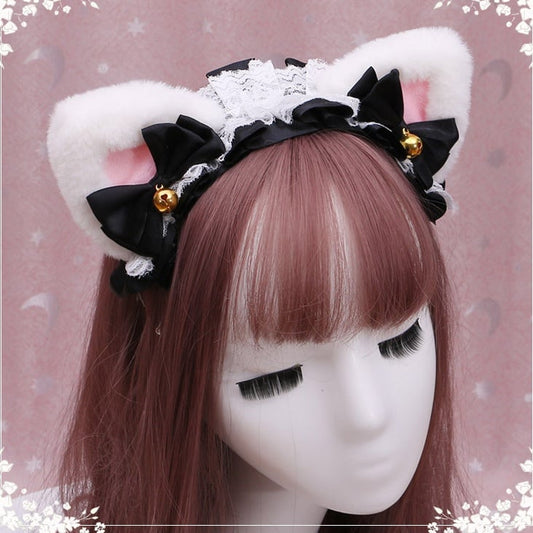 Bell Decorated Lace 4 Ears Bow Colors KC Kitty Pink with Cute Plush White Lolita