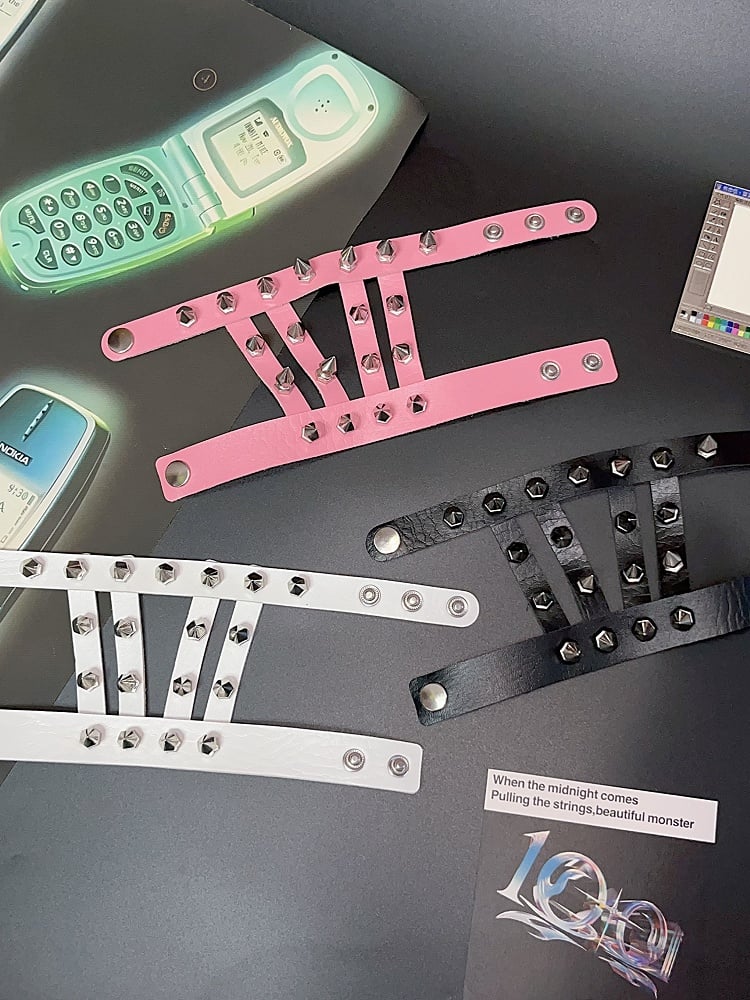 PU Bracelet Studs With Pink/White/Black Y2K Metal Punk