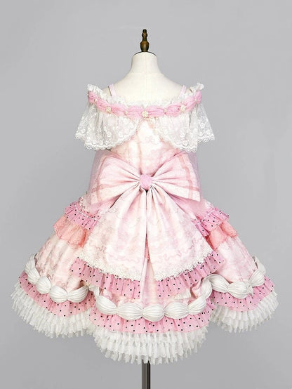 Wrist Shoulder KC Choker Veil Mini Hime Cuffs Set + Off Pink Lolita Full Hat Dress