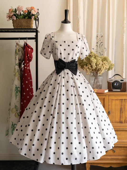 und Ausschnitt Polka Dots Quadrat Blütenblatt Kleid Ärmel Schwarz Weiß Muster