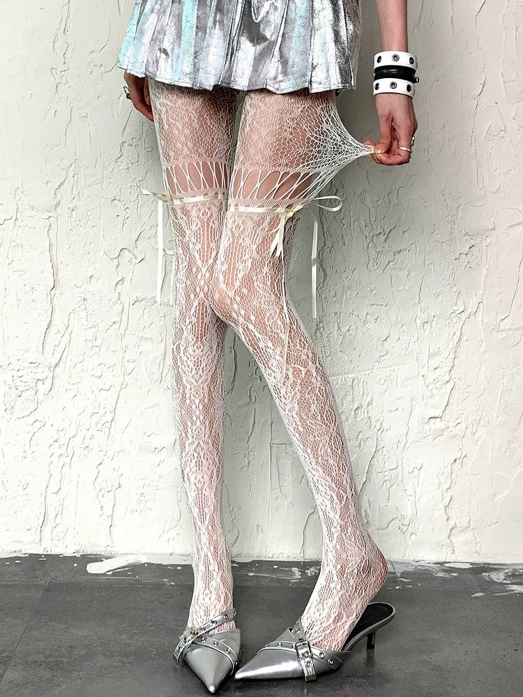 Trägerstrumpfhose Y2K Design Selbstbinden Hohl-Out Weiß