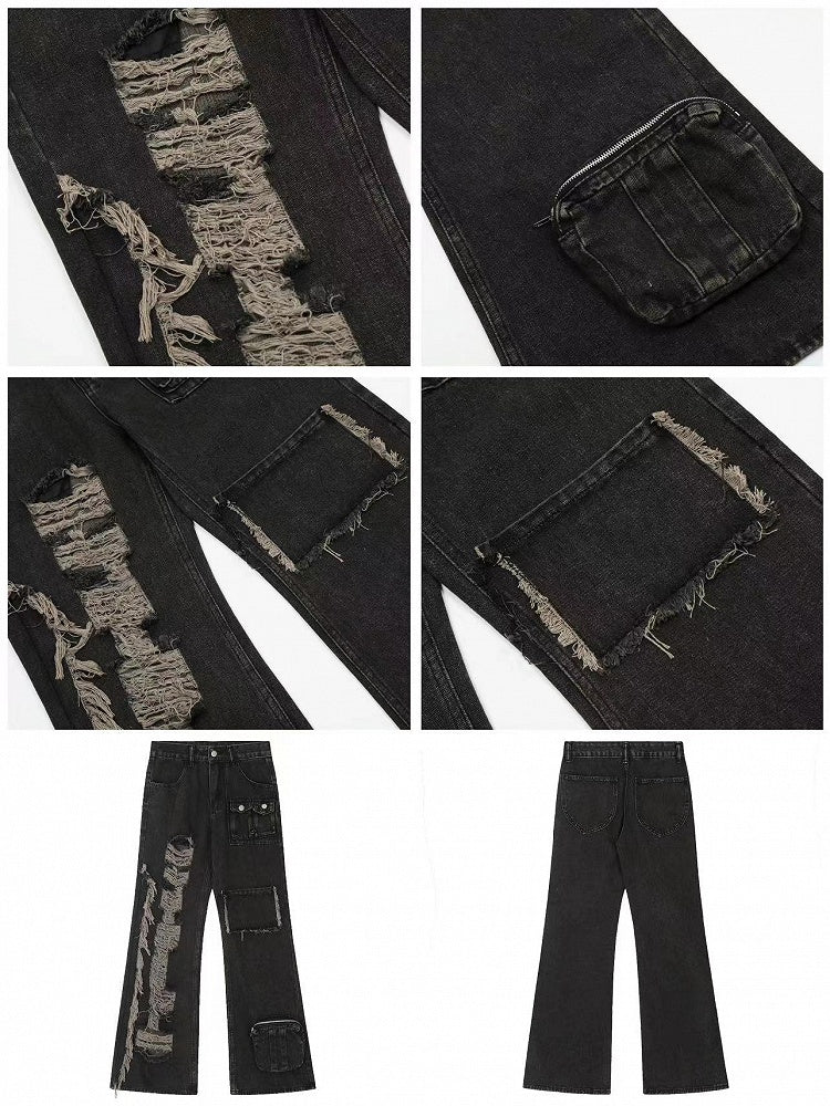 Black Faded Wash Distressed Multi-Pockets Jeans with Raw Hem