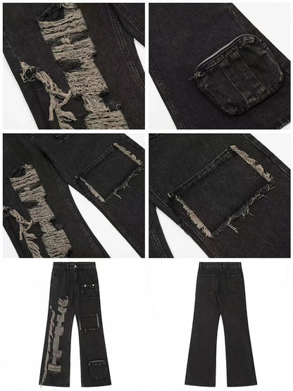 with Raw Black Jeans Distressed Faded Multi-Pockets Wash Hem