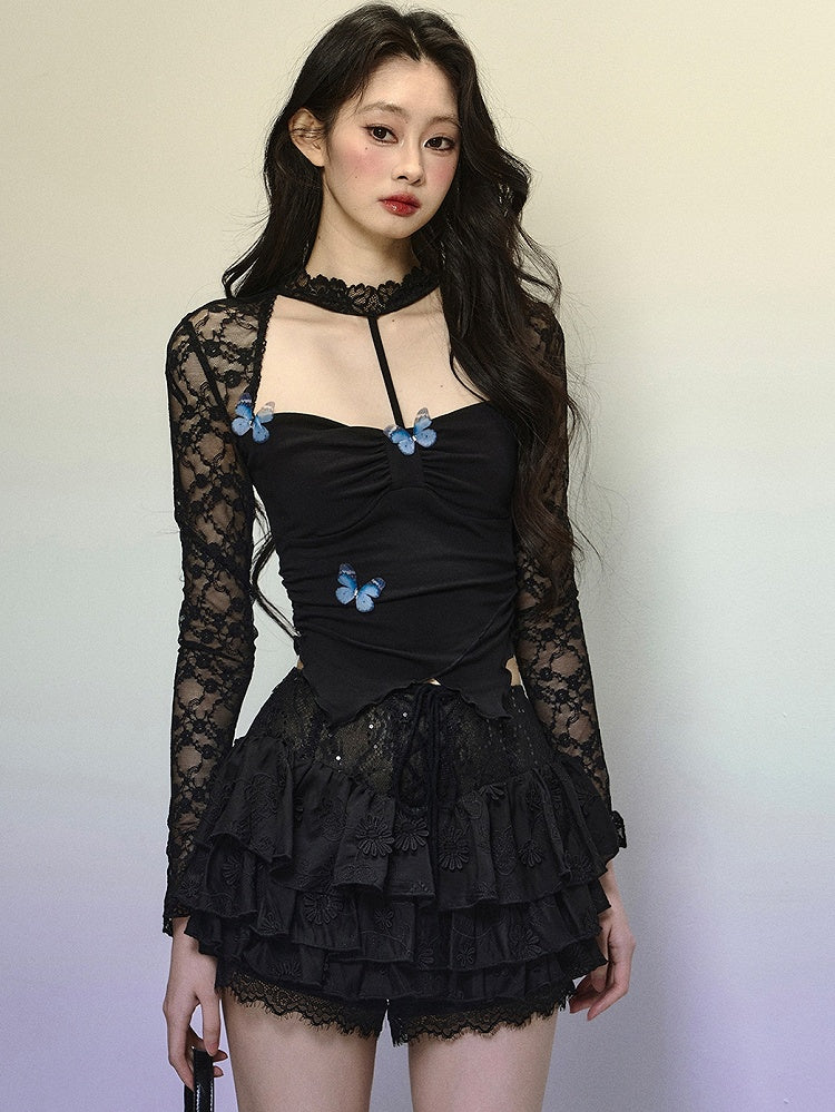 Black Butterflies Adorned Cutout Detail Halter Neck Top with Asymmetrical  Hem