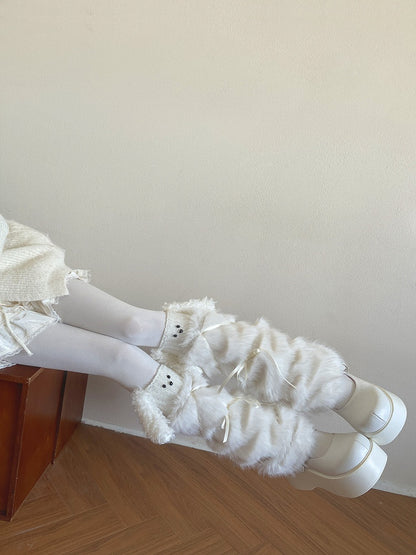 Leg Fur Bow Satin White Faux Accents Warmers with