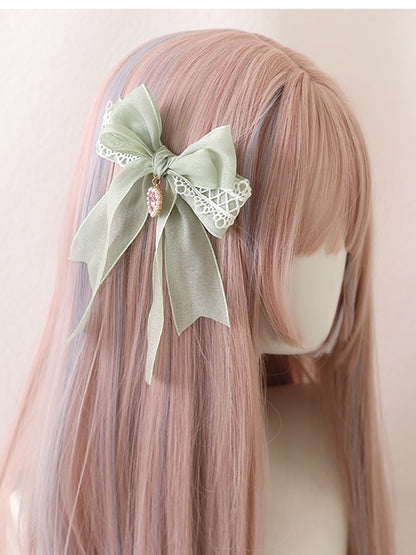 With Charm Bowknot Pink Hairclip Heart Lolita Sweet Green