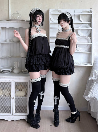Black and White Cross Lace Over-The-Knee Stockings - Damn Girl
