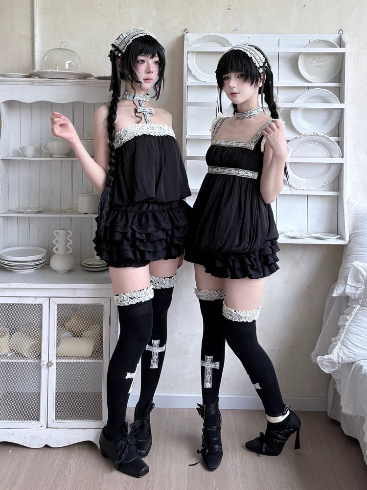 Gothic Black Strapless Bubble Hem Top with Lace Trim Accents - Damn Girl