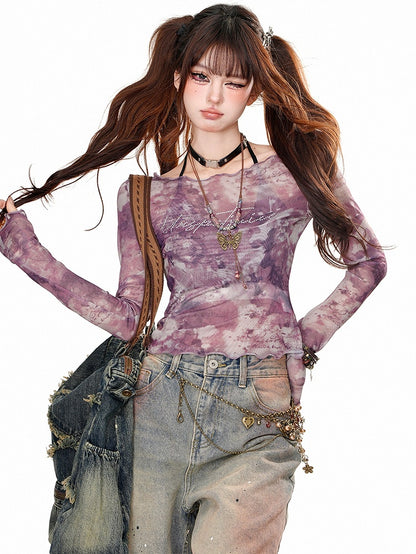 Purple/Brown Printed Mesh Top with Halter Neck Cami Top Set