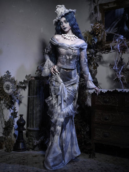 Staubblauer Rüschenvolant-Knierock „Corpse Bride“ im Gothic-Stil