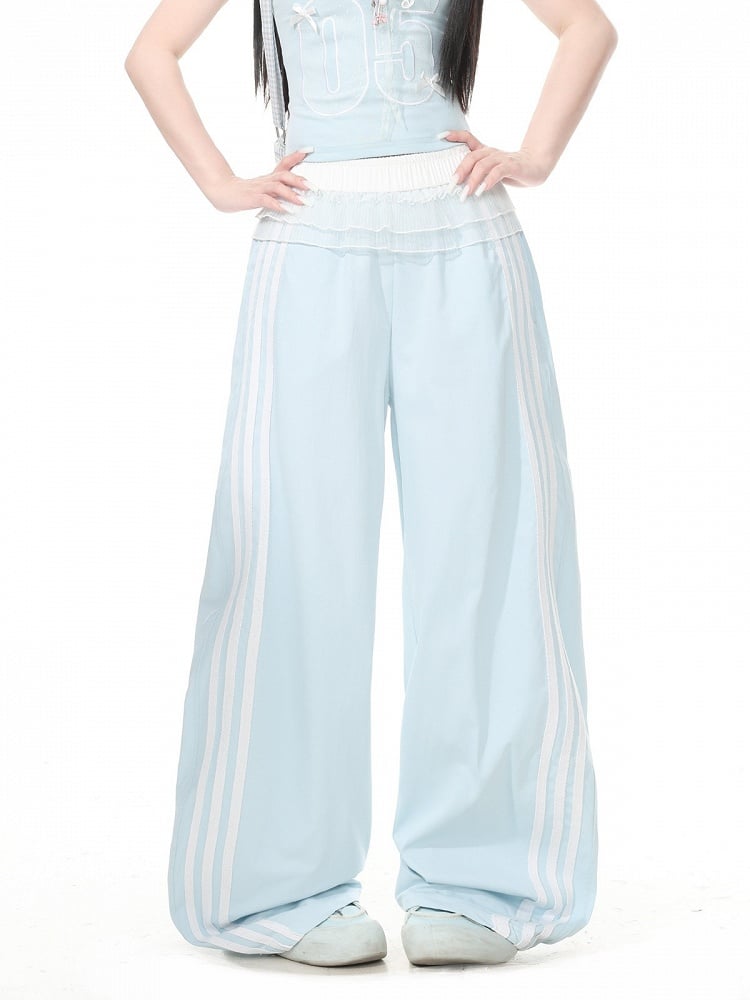 Blue Striped Wide Leg Trousers with Layered Tulle Skirt - Languid Park